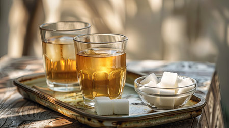 A rice-colored glass of tea next to a bowl of sugar cubes on a trayの素材