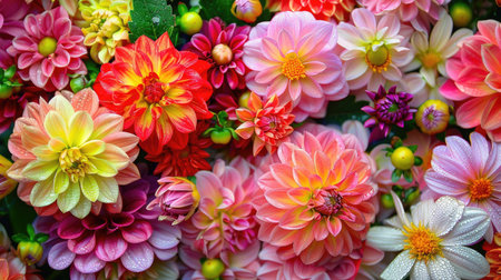 A stunning array of flowers, wet from the morning rain, standing fresh and vibrantの素材