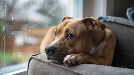 Bored 1-year-old female boxer pit bull mix dog lying on a chair, looking out the window on a rainy day.の素材