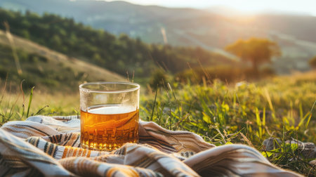 Tea in a rice-colored glass on a picnic blanket with a scenic viewの素材