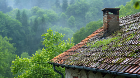 Old house roof in summer rain, water flow and reduction of PM2.5 air pollution, peaceful sceneの素材