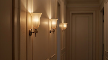 Rice-colored glass wall sconces casting soft light in a hallwayの素材