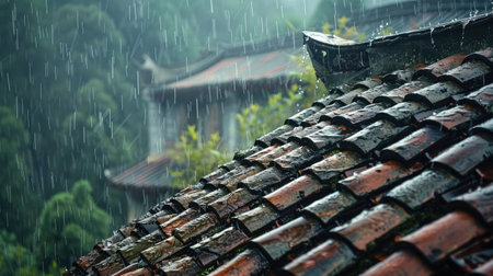Old house roof in summer rain, highlighting reduction of PM2.5 air pollutionの素材