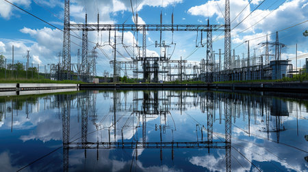 Electrical plant cooling pond reflecting the plant structuresの素材