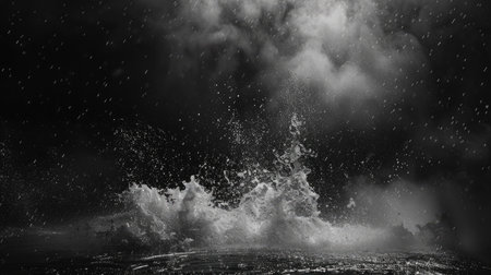 Overlay effect of rain splashes and fog on a pitch-black backgroundの素材