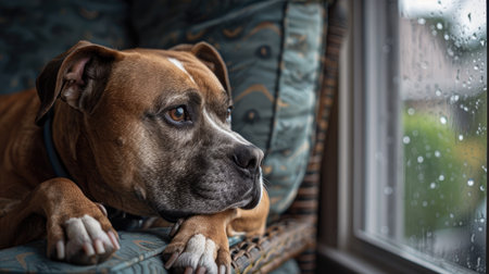 Fawn boxer pit bull mix dog with a pensive look lying on a chair, gazing at the rainy day. Indoor solitude.の素材