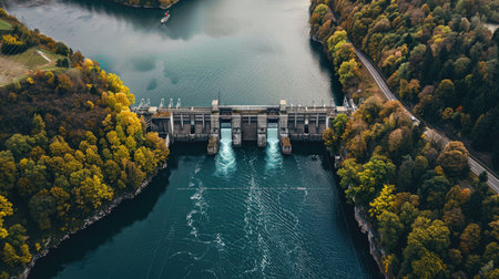 Drone shot of an electrical plant near a river, with water used for coolingの素材