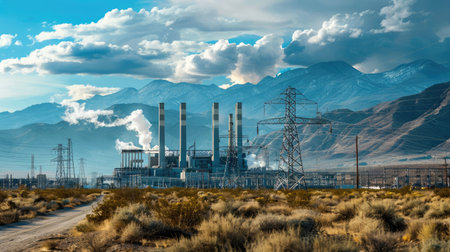 Scenic view of an electrical plant with mountains in the backgroundの素材