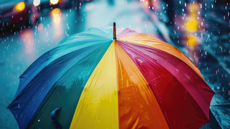 Vibrant rainbow umbrella open in the rain, providing shelter to a person, creating a peaceful atmosphereの素材
