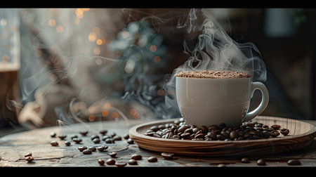 Coffee cup with smoke and steam on a rustic wooden plate, surrounded by coffee beansの素材