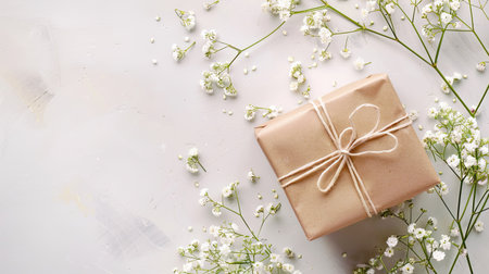 Flat lay of a gift box with gypsophila flowers on light table, ideal for a personalized greeting cardの素材