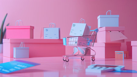 Credit card, delivery boxes, and a shopping cart on a pink surface. Online shopping and delivery themeの素材