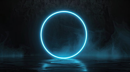 Mystical neon blue circle on black backdrop, futuristic portal, logo mockupの素材