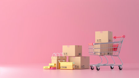 Credit card next to delivery boxes and a shopping cart on a pink background. Shopping and delivery themeの素材