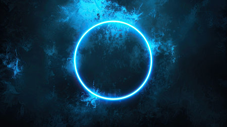 Mystical neon blue circle on black background, round portal, perfect for logoの素材