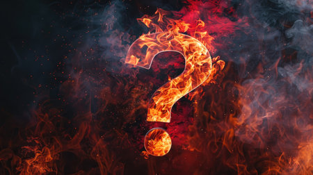 Fire flames forming question mark "?", red smoke background, hot metal font on blackの素材
