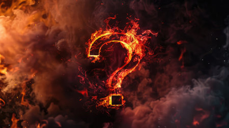 Fire "?" symbol in flames, red smoke behind, hot metal font on blackの素材