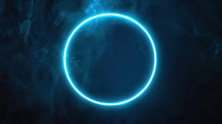 Futuristic neon blue circle on dark background, ideal for logo mockupの素材