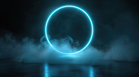 Mystical neon blue circle on black background, round portal, perfect for logoの素材