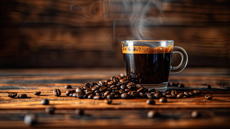 Steaming coffee in a glass cup, coffee beans spread out on a rustic wooden surfaceの素材