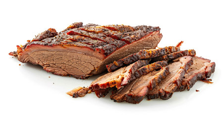 Perfectly smoked pork brisket, sliced and isolated on clean whiteの素材