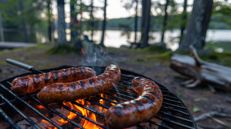 Smoky homemade sausage links grilling at a lakeside campsiteの素材