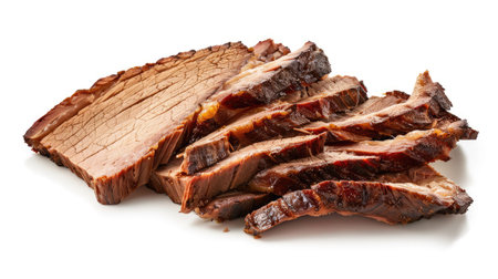 Succulent smoked pork brisket, sliced and isolated on white backgroundの素材