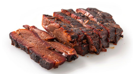 Smoky, juicy pork brisket slices, displayed on a white backgroundの素材