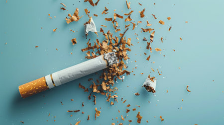 STOP smoking message with broken cigarette and scattered tobacco on light blueの素材