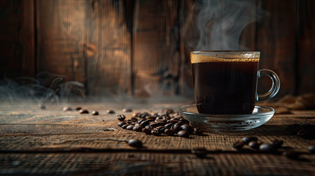 Steaming coffee in a glass cup with smoky effect, coffee beans on an old wooden backdropの素材
