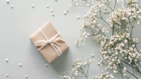 Top view of present box and gypsophila flowers on light table, flat lay for a custom greeting cardの素材