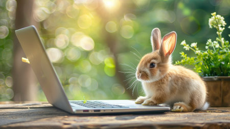 Cute baby bunny with a small laptop on a spring green bokeh background. Tiny rabbit exploring a notebook on a wooden surfaceの素材