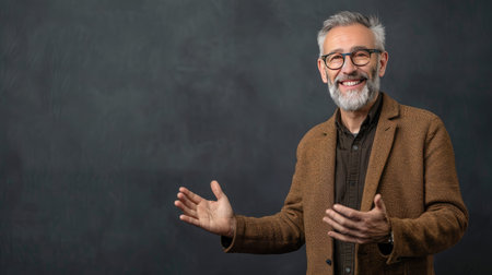 Happy middle-aged professional presenting ad, gesturing towards blank spaceの素材