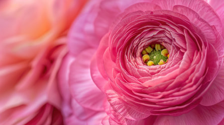 Close-up image of a pink ranunculus blossom, highlighting its vibrant pink huesの素材