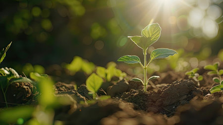 Natural growth of a small plant, bathed in sunlight, promoting sustainable agriculture and Earth Dayの素材