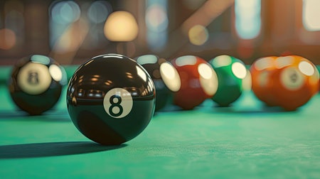 Billiard balls on a pool table, the black eight ball in clear focus, representing sports bettingの素材