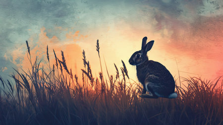 Rabbit silhouette in the evening meadow, surrounded by tall grass and a fading skyの素材