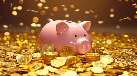 Shower of gold coins filling a pink piggy bank, spilling onto the floor in a wealth overflowの素材