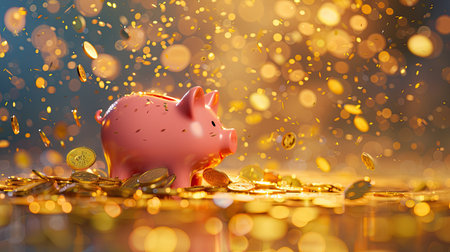 Pink piggy bank being showered with gold coins, spilling onto the floor in a cascade of richesの素材
