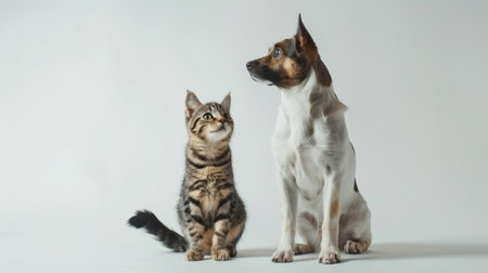 Sweet Jagdterrier and Scottish Straight cat standing upright, exploring together with curiosity and charm. Studio shot on white background.の素材
