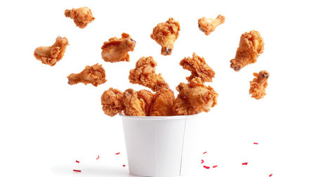 Fried chicken pieces soaring from a paper bucket, isolated on white background, perfect for fast-food promotions with a clipping pathの素材
