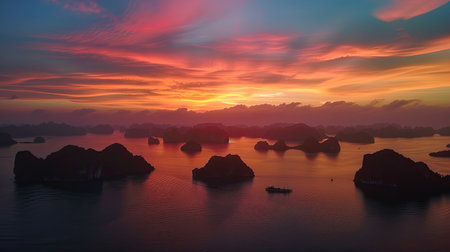 Scenic aerial shot of the breathtaking sunset over Halong Bay, Vietnam, with silhouetted islands and colorful skiesの素材