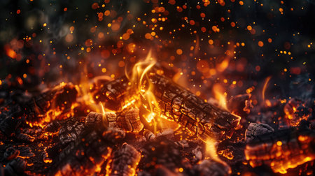 Full-frame image of a bonfire with smoldering firewoods and glowing embers floating in the airの素材