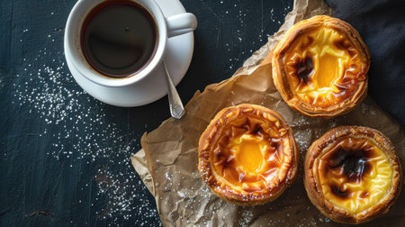 Pastel de nata, Portuguese egg tart, and a cup of coffee, delicious traditional pairingの素材