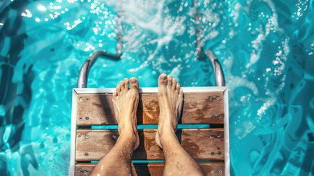Athlete's feet on the springboard, ready to leap into the swimming poolの素材