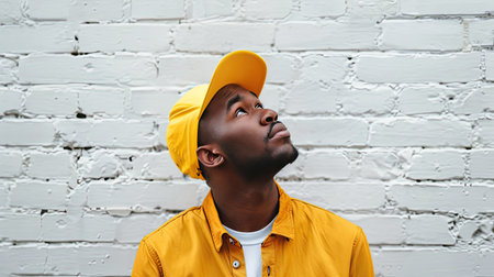 Delivery worker with a contemplative gaze, brainstorming while staring up on whiteの素材