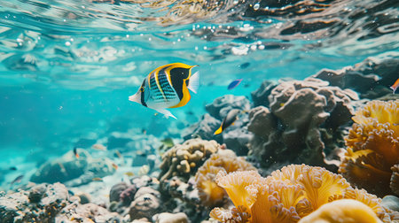 Vibrant tropical fish swimming amid colorful coral in clear ocean watersの素材