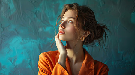 Thoughtful young lady in stylish orange clothing, contemplating with copy space on khakiの素材