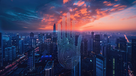 Holographic fingerprint hovering above city skyscrapers at twilight, symbolizing the intersection of technology and urban securityの素材