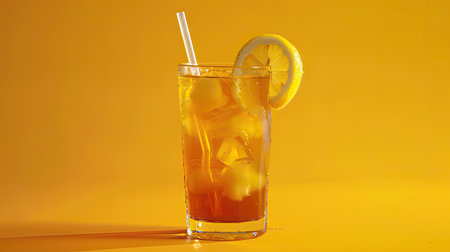 A refreshing iced tea in a rice-colored glass with a straw and lemon wedgeの素材